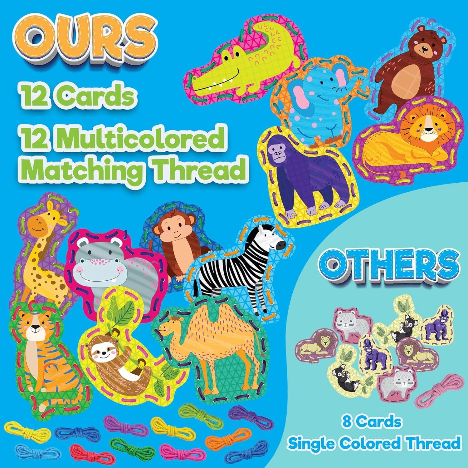 Bambibo Lacing Cards for Toddlers - Mega Pack | Double Sided with Names & Features | Animal Sewing Cards for Kids Ages 4-8 | DIY 12 Colorful Threading Cards | Lacing Cards for Kids Ages 3-5