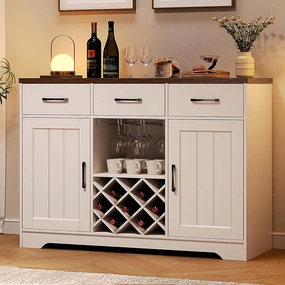 Bar Cabinet, Farmhouse Coffee Bar Cabinet with Storage, Sideboard Buffet Cabinet with Drawers & Wine Glass Rack, Wine Bar Liquor Cabinet Bar for Home, Kitchen, Dining Room Furniture