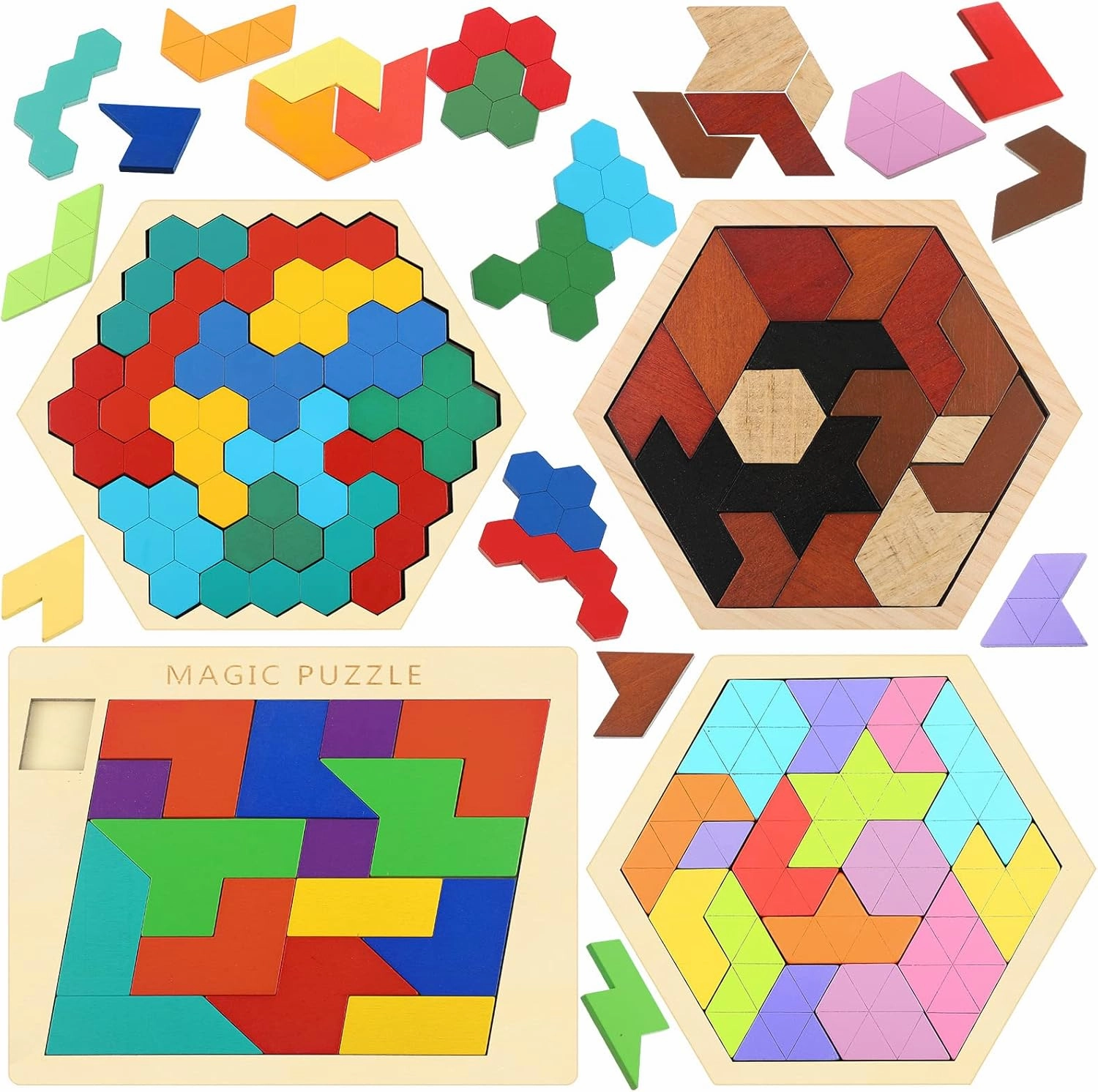 BBTO 4 Pack Wooden Hexagon Puzzle Blocks Geometric Tangram Jigsaw Shape Pattern Block Brain Teaser Toy Russian Blocks Logic Iq Stem Montessori Toy Educational Gift for Intelligence Challenge