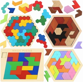 BBTO 4 Pack Wooden Hexagon Puzzle Blocks Geometric Tangram Jigsaw Shape Pattern Block Brain Teaser Toy Russian Blocks Logic Iq Stem Montessori Toy Educational Gift for Intelligence Challenge