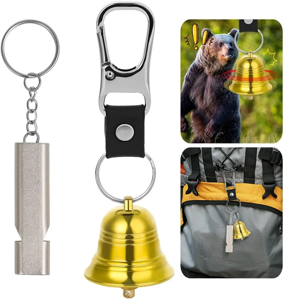 Bear Bell Set with Emergency Whistle, Brass Bear Bell with Silencer and Carabiner, Outdoor Survival Tools for Hiking, Cycling, and Fishing