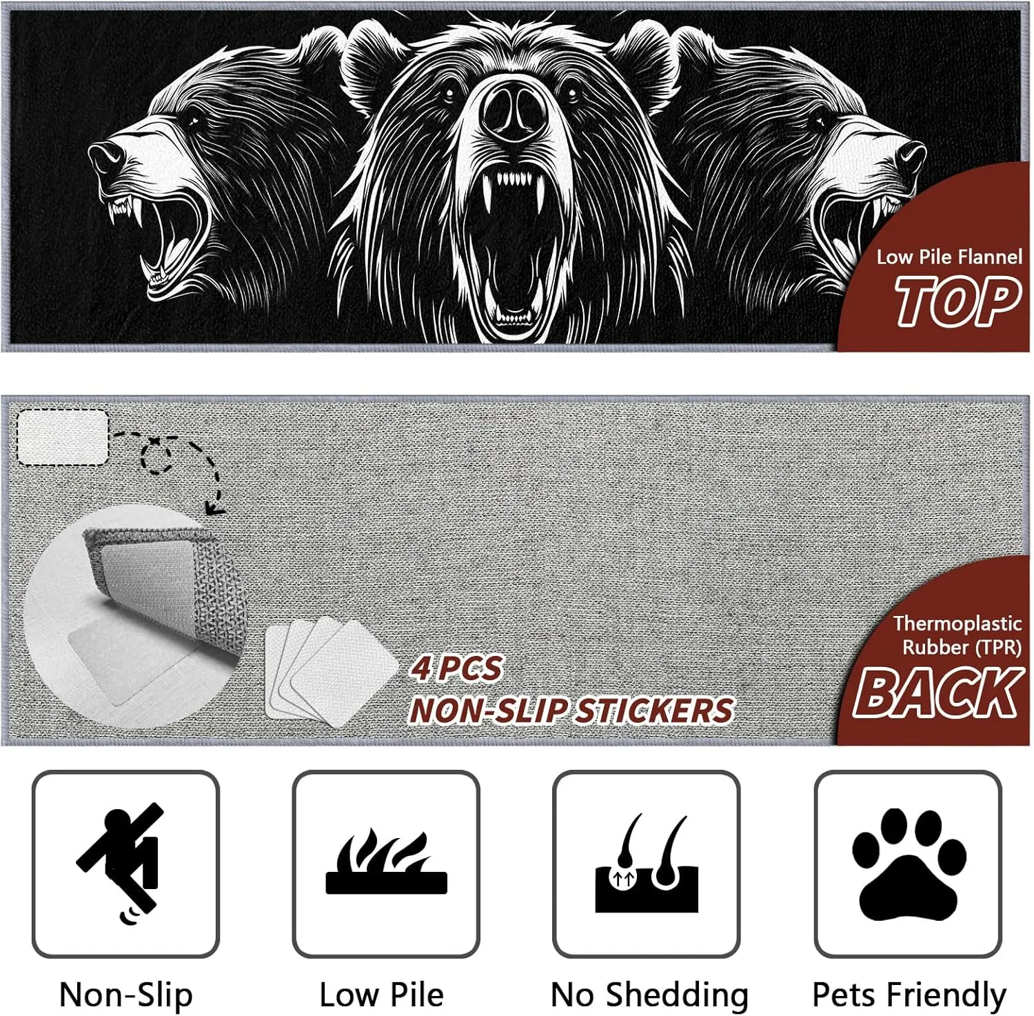 Bear Rugs for Cabin, Bear Runners for Hallways, 4x12ft, Grizzly Bear Man Cave Black and White Runner Rug, Cabin Animal Washable Non Slip Carpet Runner - Bear Home Decor