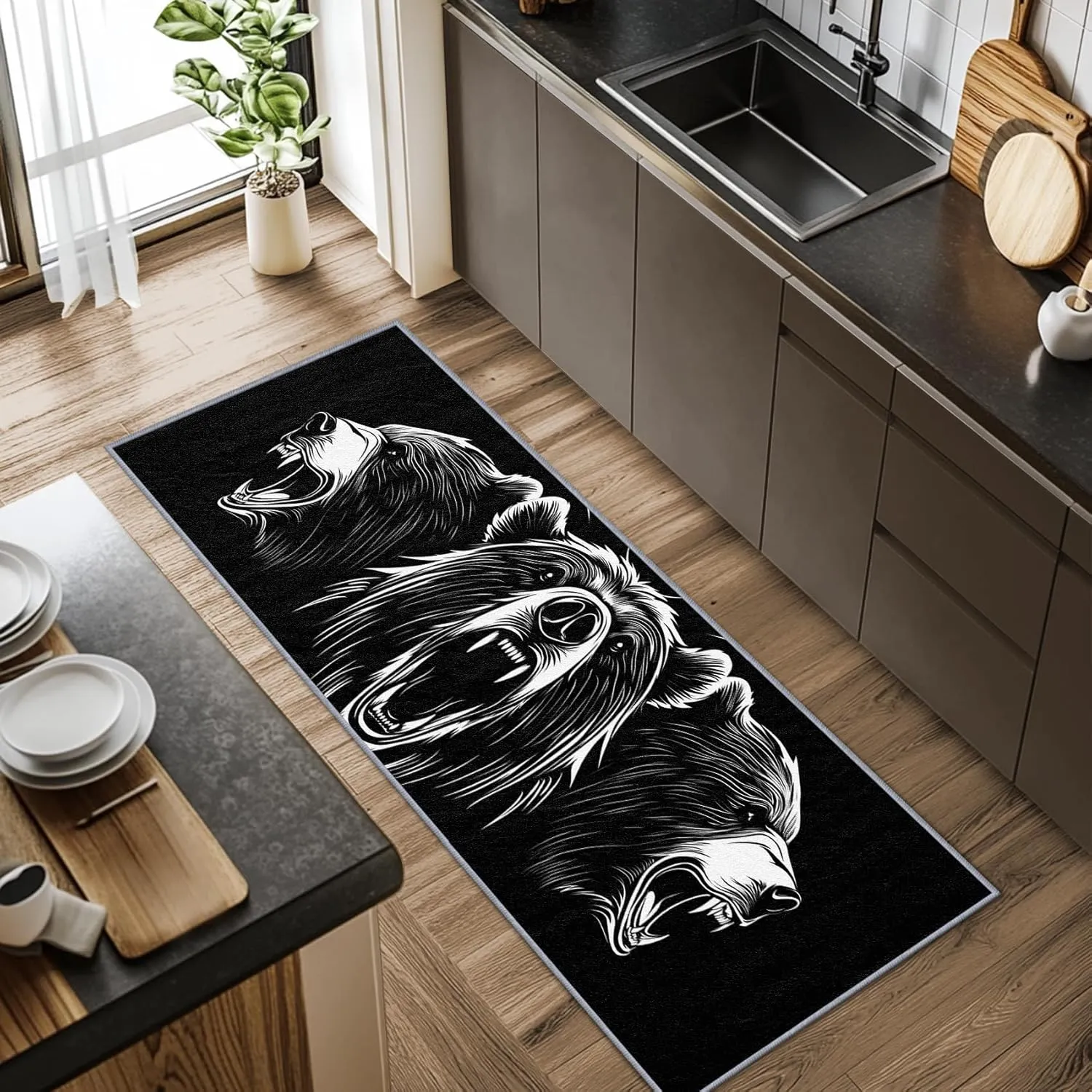 Bear Rugs for Cabin, Bear Runners for Hallways, 4x12ft, Grizzly Bear Man Cave Black and White Runner Rug, Cabin Animal Washable Non Slip Carpet Runner - Bear Home Decor