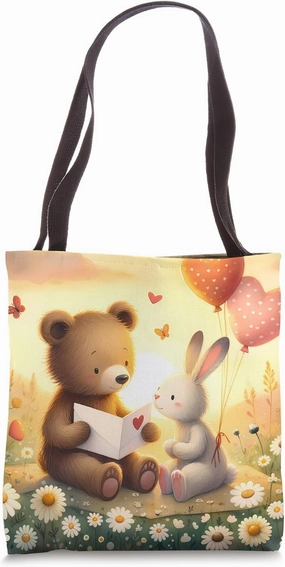 Bear And Rabbit Exchange Cards Amid Heart Balloons Tote Bag