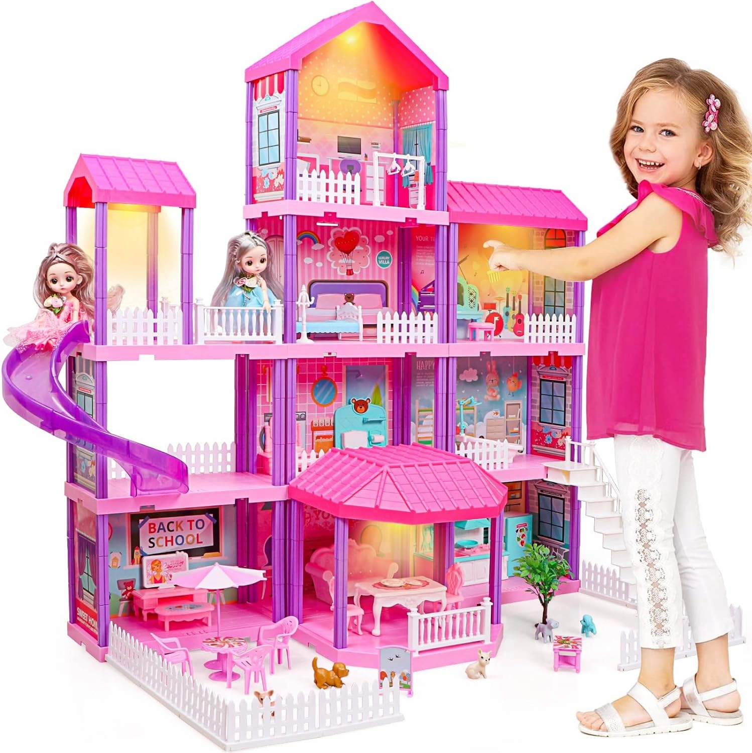 beefunni Doll House, Dream Dollhouse for Girls,Doll Houses 4-5 7-8 Year Old with 4 Stories -11 Rooms, 2 Dolls and Furniture, Princess Dollhouse 2025 Christmas Toy Gifts for 3 4 5 6 7 8  Year Old Girls