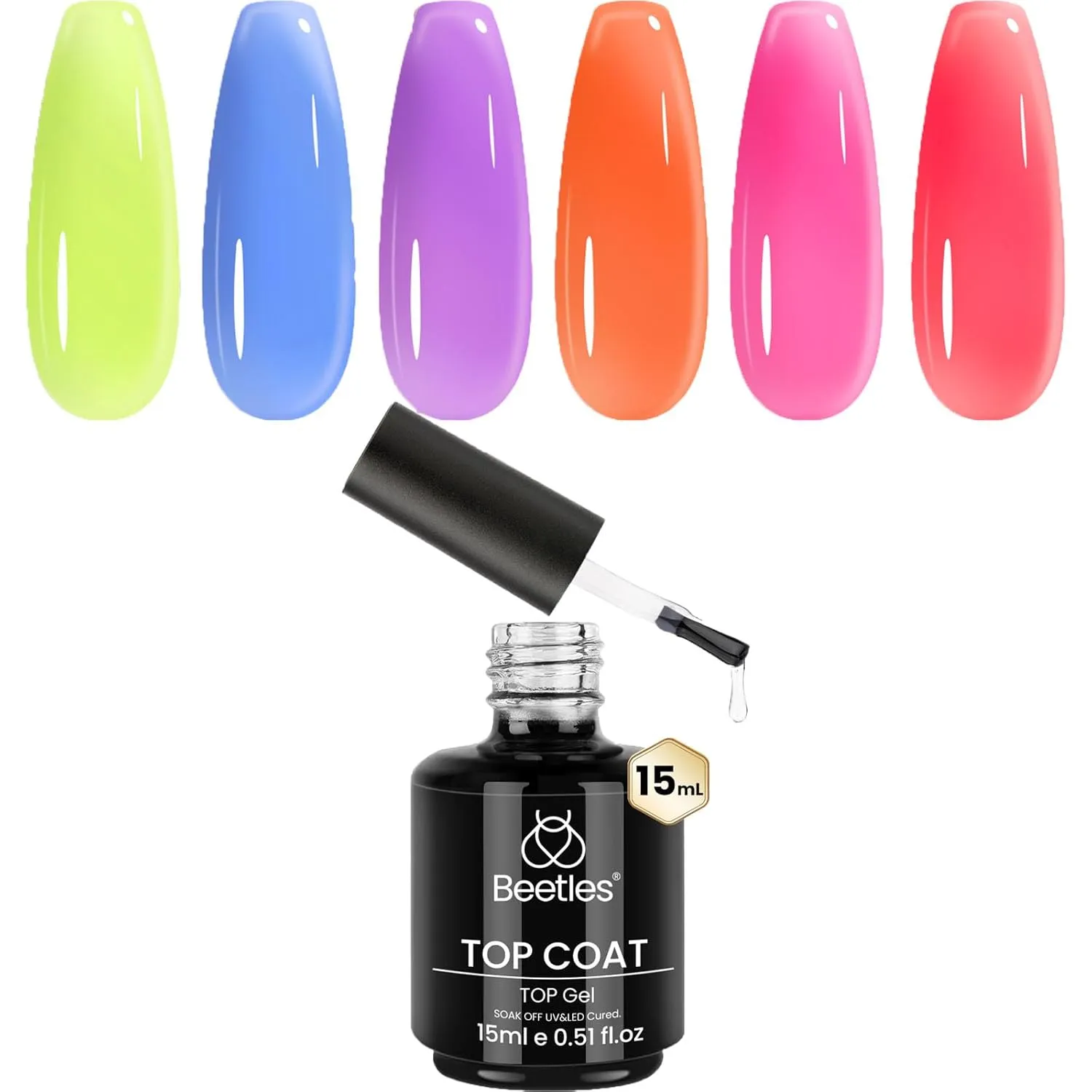 Beetles 6 Colors Jelly Gel Nail Polish & No Wipe Top Coat, Jelly Tint Neon Translucent Sheer Red Hot Pink Purple Bright Blue Gel Polish &15ml/0.51fl oz High Gloss Shiny Long-Lasting Clear Gel Top Coat