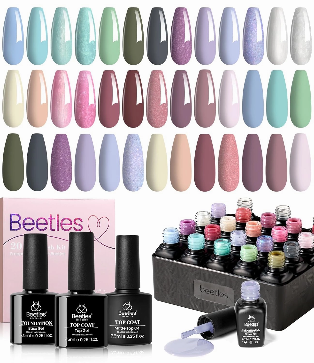 Beetles Pastel Gel Nail Polish Set, Summer 20 Colors Gel Nail Polish Kit Neutral Pink Blue White Green Pearl Gel with Base Coat Matte Glossy Top Coat Gel Soak off Uv Gift for Women