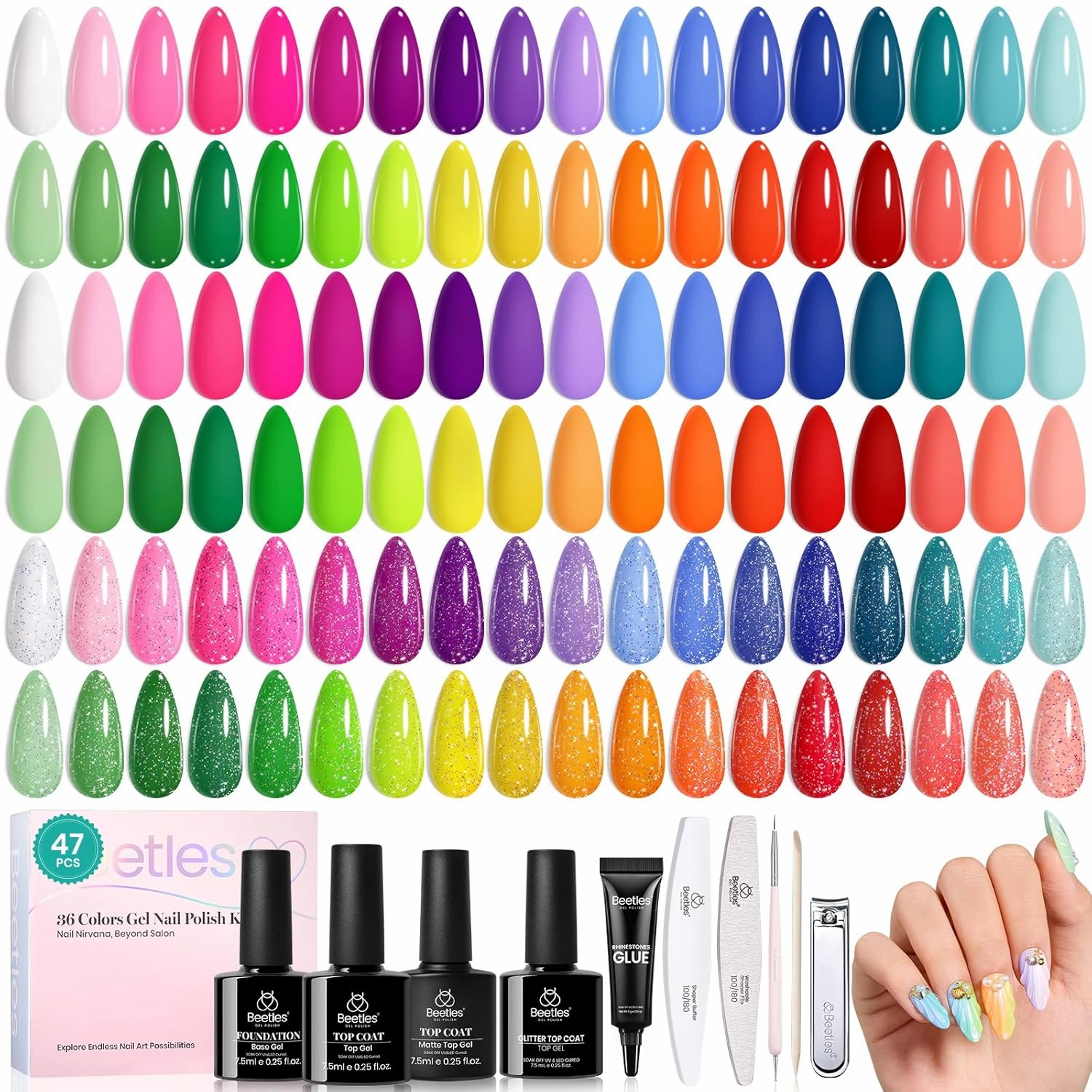 beetles Summer Gel Polish Set - 36 Colors Neon Gel Nail Polish Pink Red Green Blue Yellow Nail Polish with 4Pcs Base Top Coat Soak off Colorful Holidays Collection UV Gel Nail Art Gifts for Women