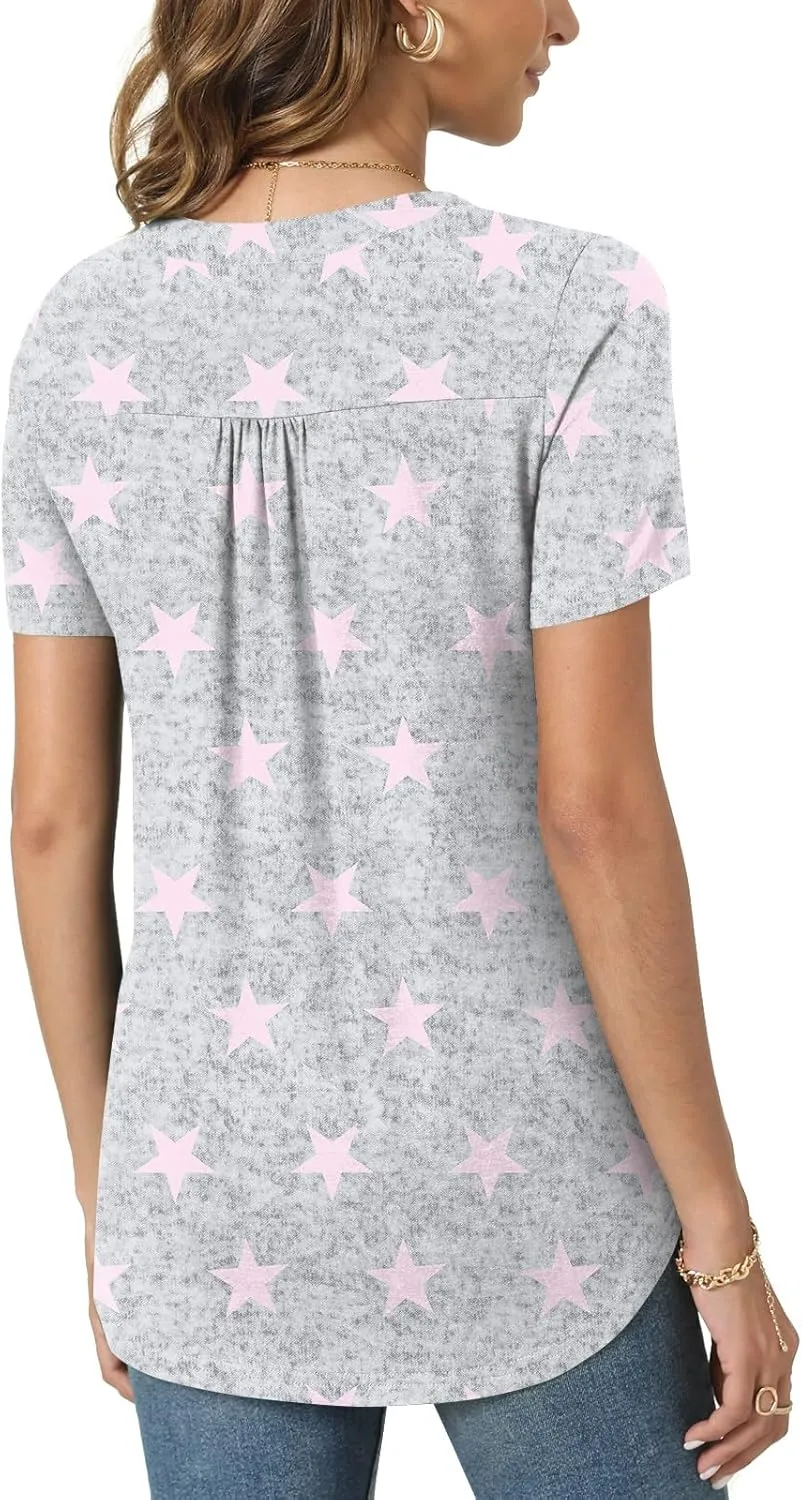 Bestbee Women's Summer Tops Short Sleeve Tunics Dressy Casual Blouses Henley Neck Button-Down Shirts
