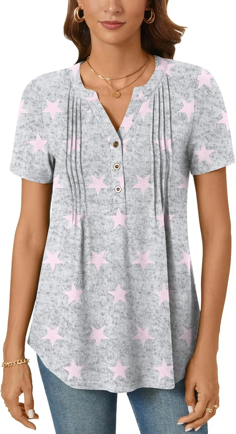 Bestbee Women's Summer Tops Short Sleeve Tunics Dressy Casual Blouses Henley Neck Button-Down Shirts