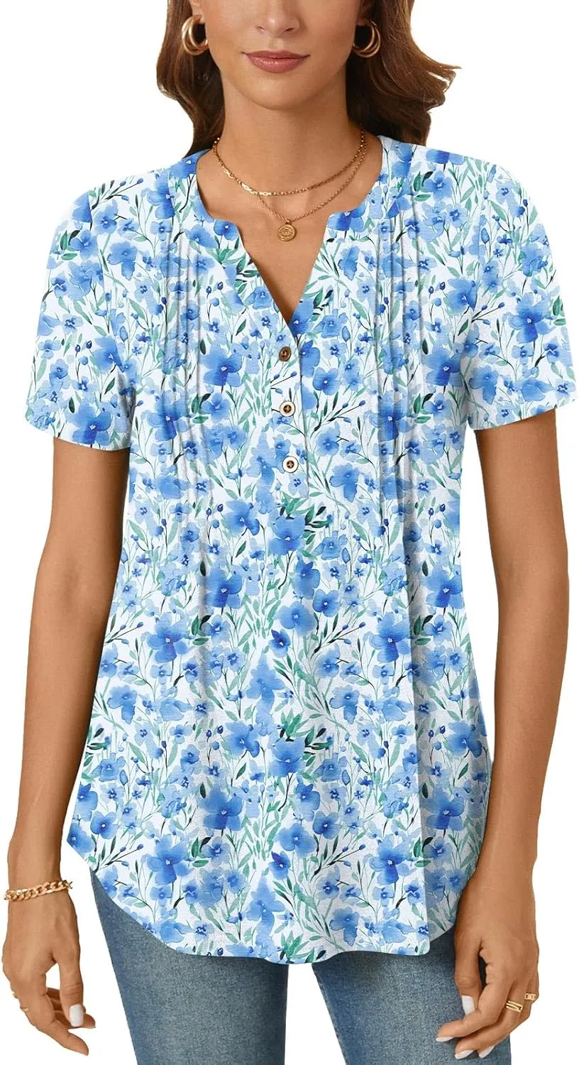 Bestbee Women's Summer Tops Short Sleeve Tunics Dressy Casual Blouses Henly Neck Button-Down Shirts