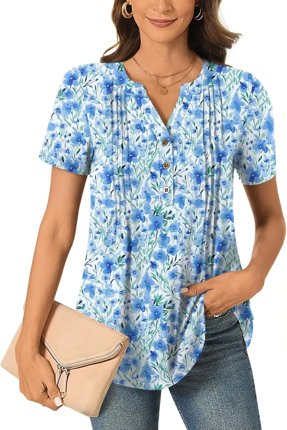 Bestbee Women's Summer Tops Short Sleeve Tunics Dressy Casual Blouses Henly Neck Button-Down Shirts