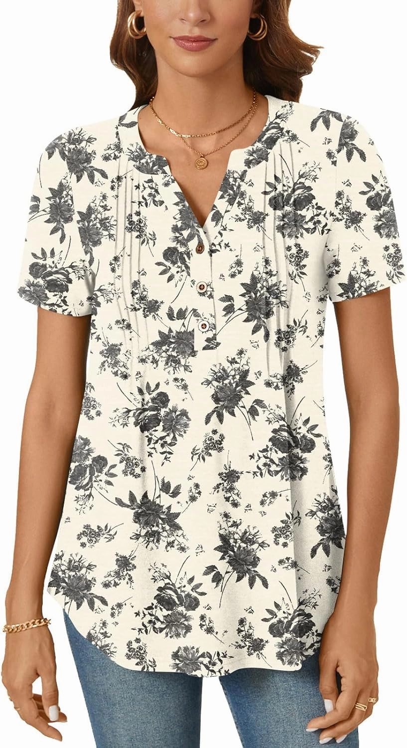 Bestbee Women's Summer Tops Short Sleeve Tunics Dressy Casual Blouses Henley Neck Button-Down Shirts