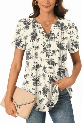 Bestbee Women's Summer Tops Short Sleeve Tunics Dressy Casual Blouses Henley Neck Button-Down Shirts