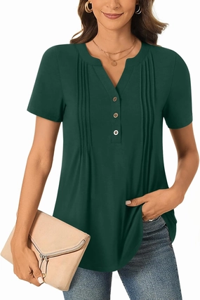 Bestbee Women's Summer Tops Short Sleeve Tunics Dressy Casual Blouses Henly Neck Button-Down Shirts