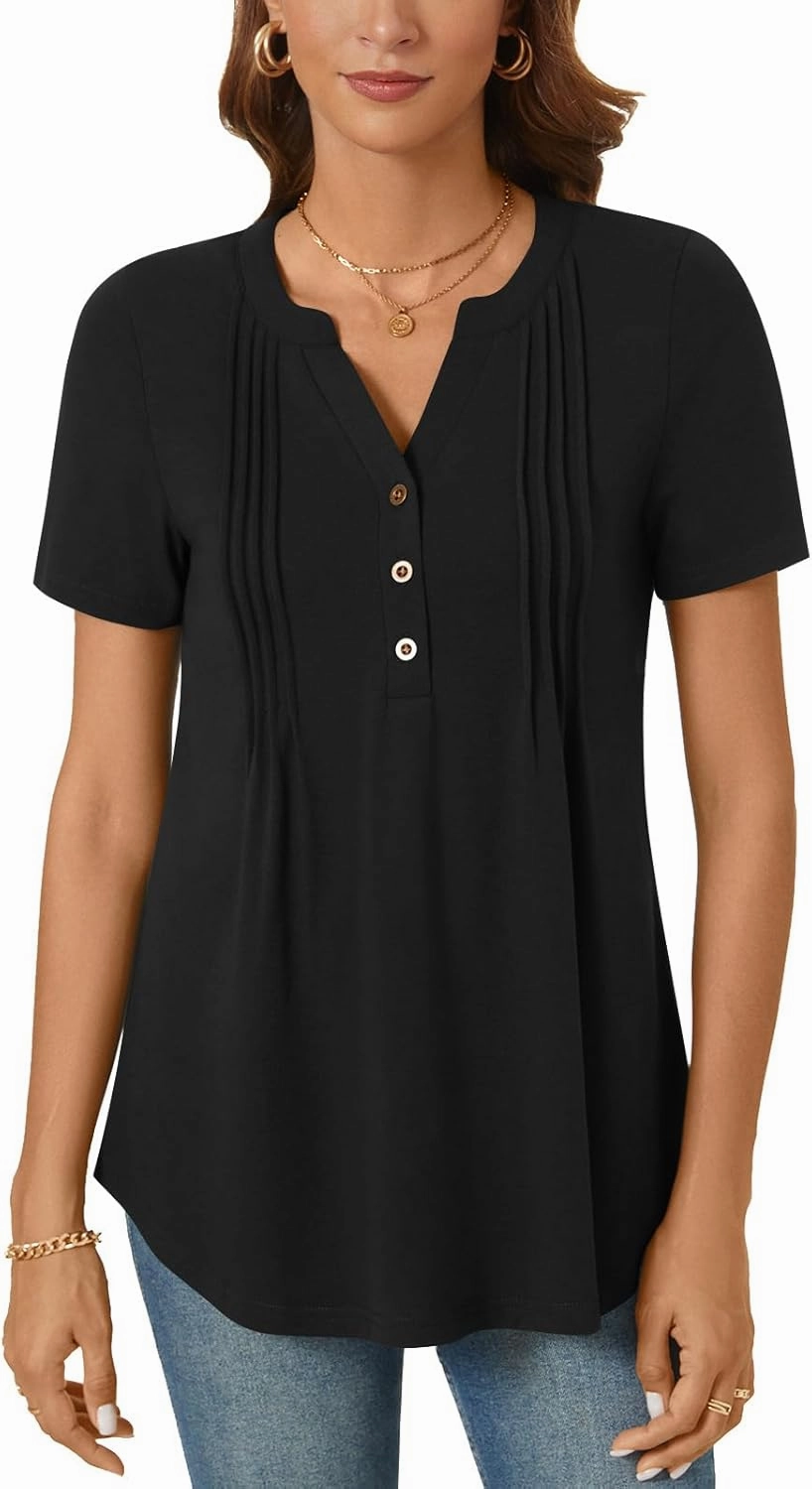 Bestbee Women's Summer Tops Short Sleeve Tunics Dressy Casual Blouses Henly Neck Button-Down Shirts