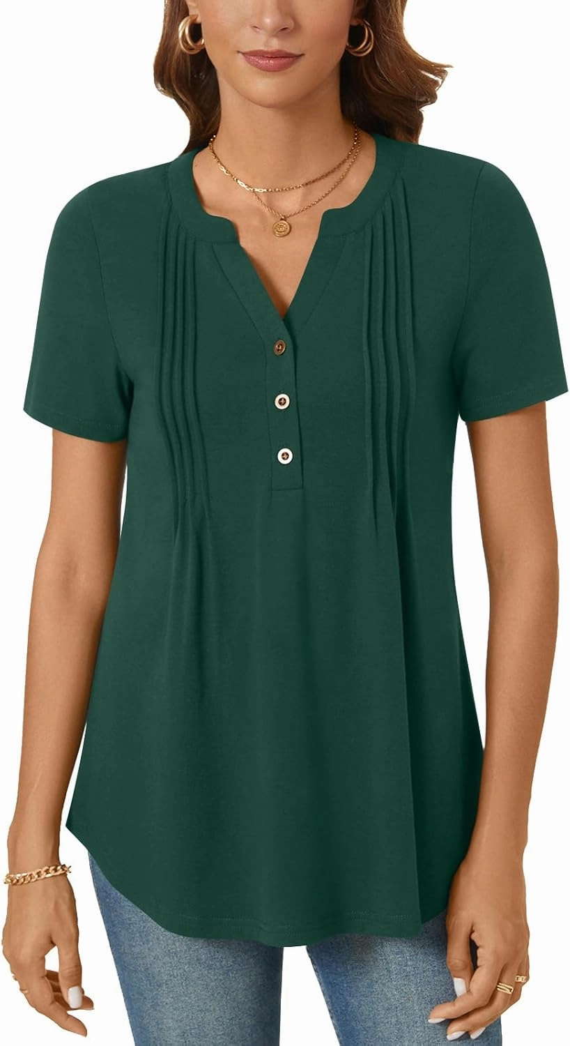 Bestbee Women's Summer Tops Short Sleeve Tunics Dressy Casual Blouses Henly Neck Button-Down Shirts