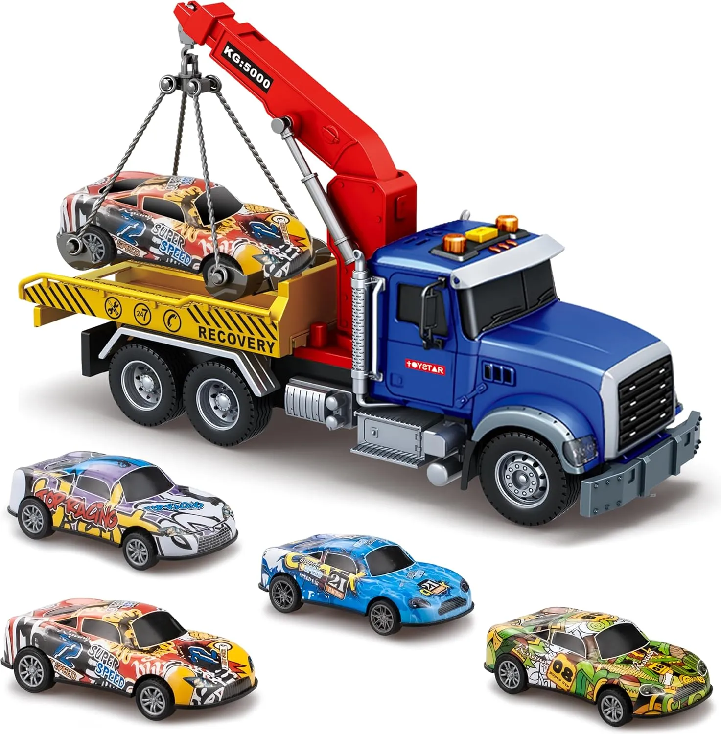Big Tow Truck Toy Set With 4pcs Pull-Back Race Car, Friction Powered Transport Truck, Light & Sounds - Construction Toy for Boys Age 3-8