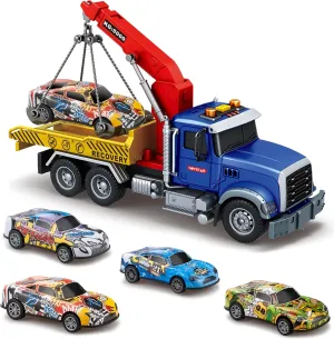 Big Tow Truck Toy Set With 4pcs Pull-Back Race Car, Friction Powered Transport Truck, Light & Sounds - Construction Toy for Boys Age 3-8