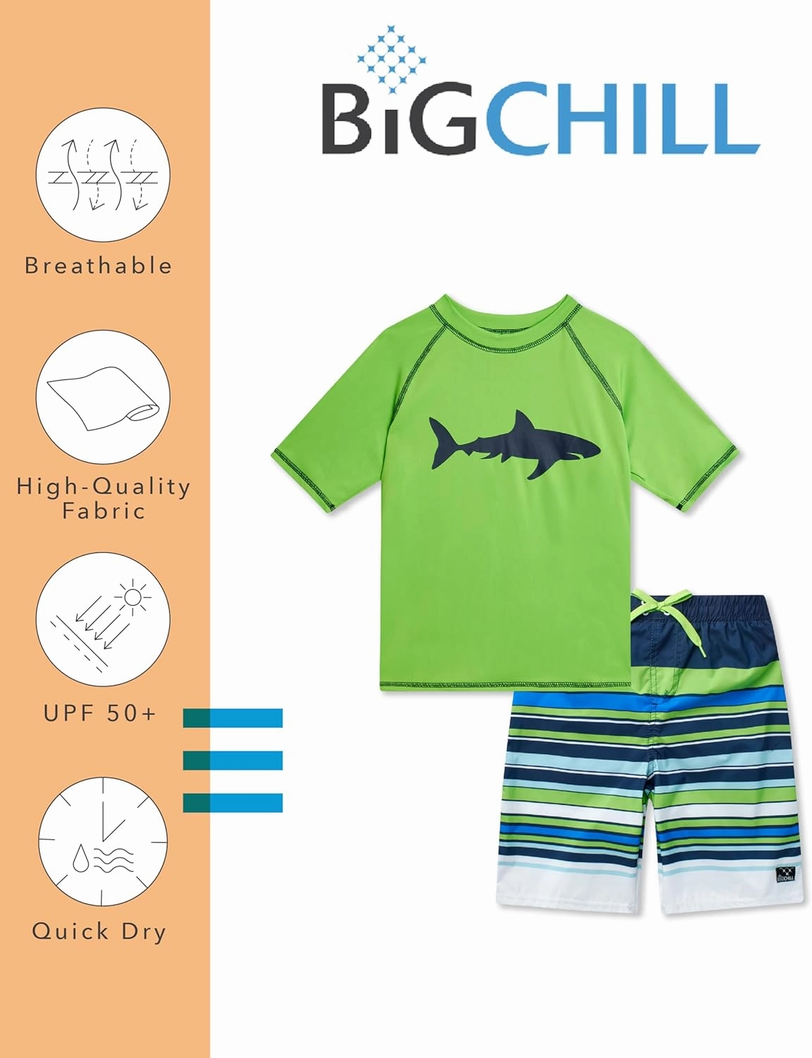 Big Chill Boys Rash Guard Set - 2 Piece UPF 50  Quick Dry Short Sleeve Swim Shirt and Swim Trunks for Boys (Sizes: 4-14)
