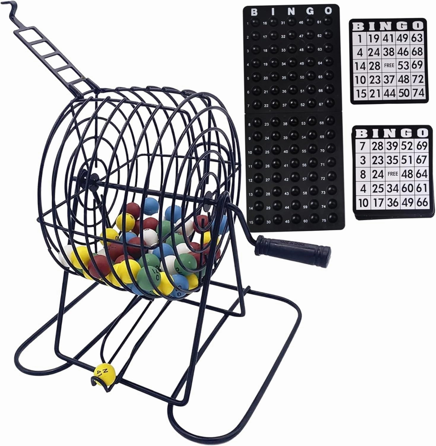 Bingo Set Deluxe Fun Bingo Game Set Includes 150 Colorful Chips, 18 Cards, 75 Balls, 8" Hand-Cranked Cage & Board Sets for Adults Large Group, Party, Bar