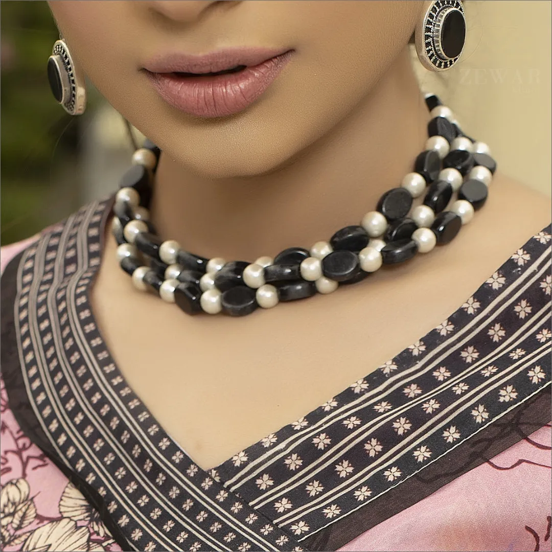 Black Beads X Pearl Choker (Ch-150)