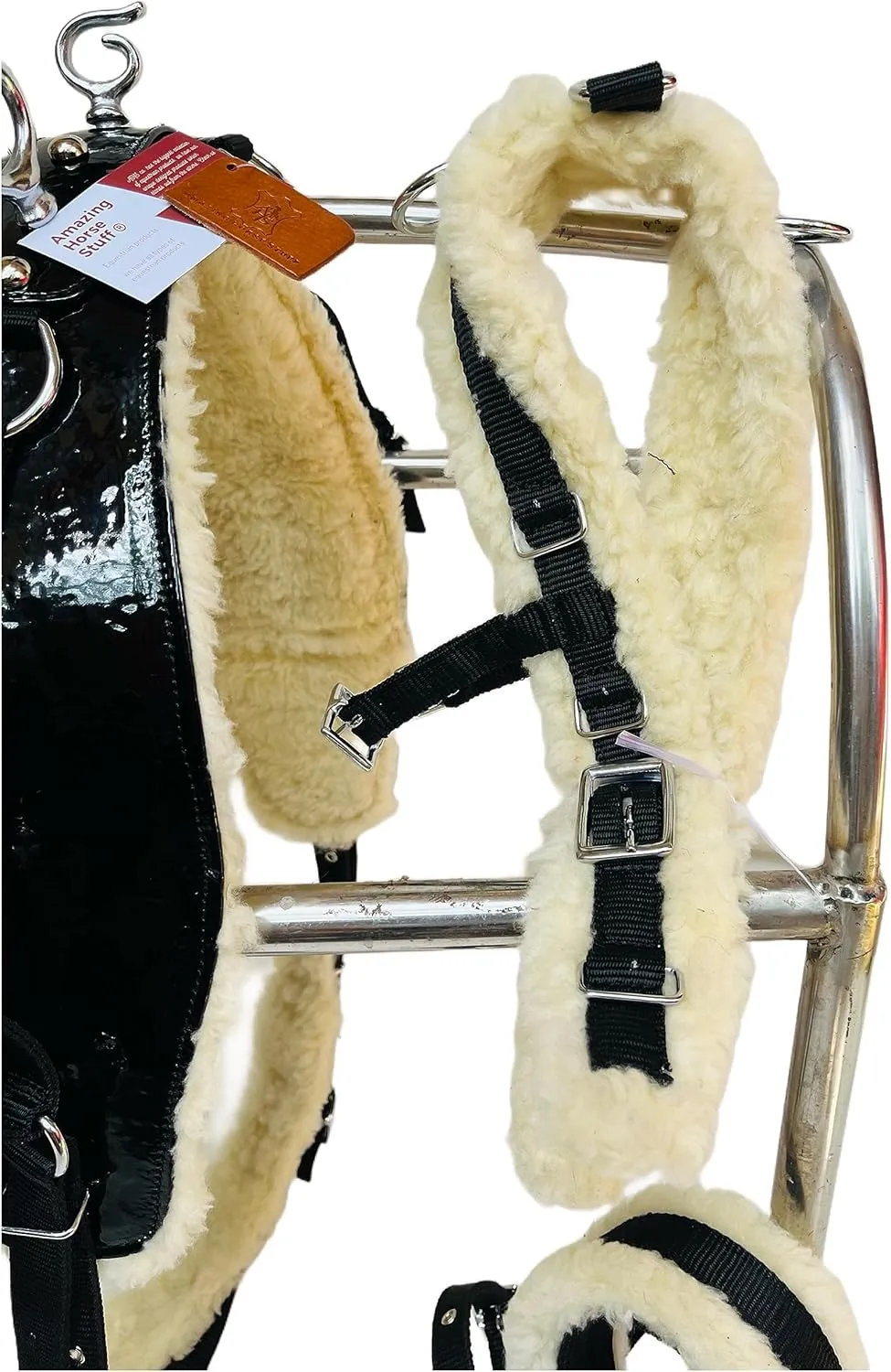Black Dazzling Rhinestone Accented Stunning Elegance Fur-Padded Patent Nylon Horse Driving Harness Set (Cob)
