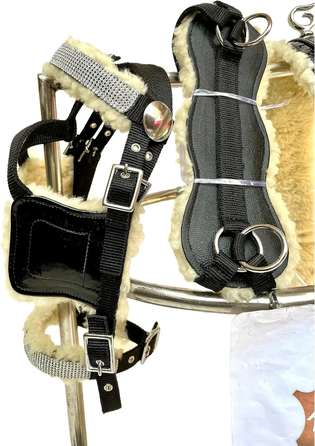 Black Dazzling Rhinestone Accented Stunning Elegance Fur-Padded Patent Nylon Horse Driving Harness Set (Cob)