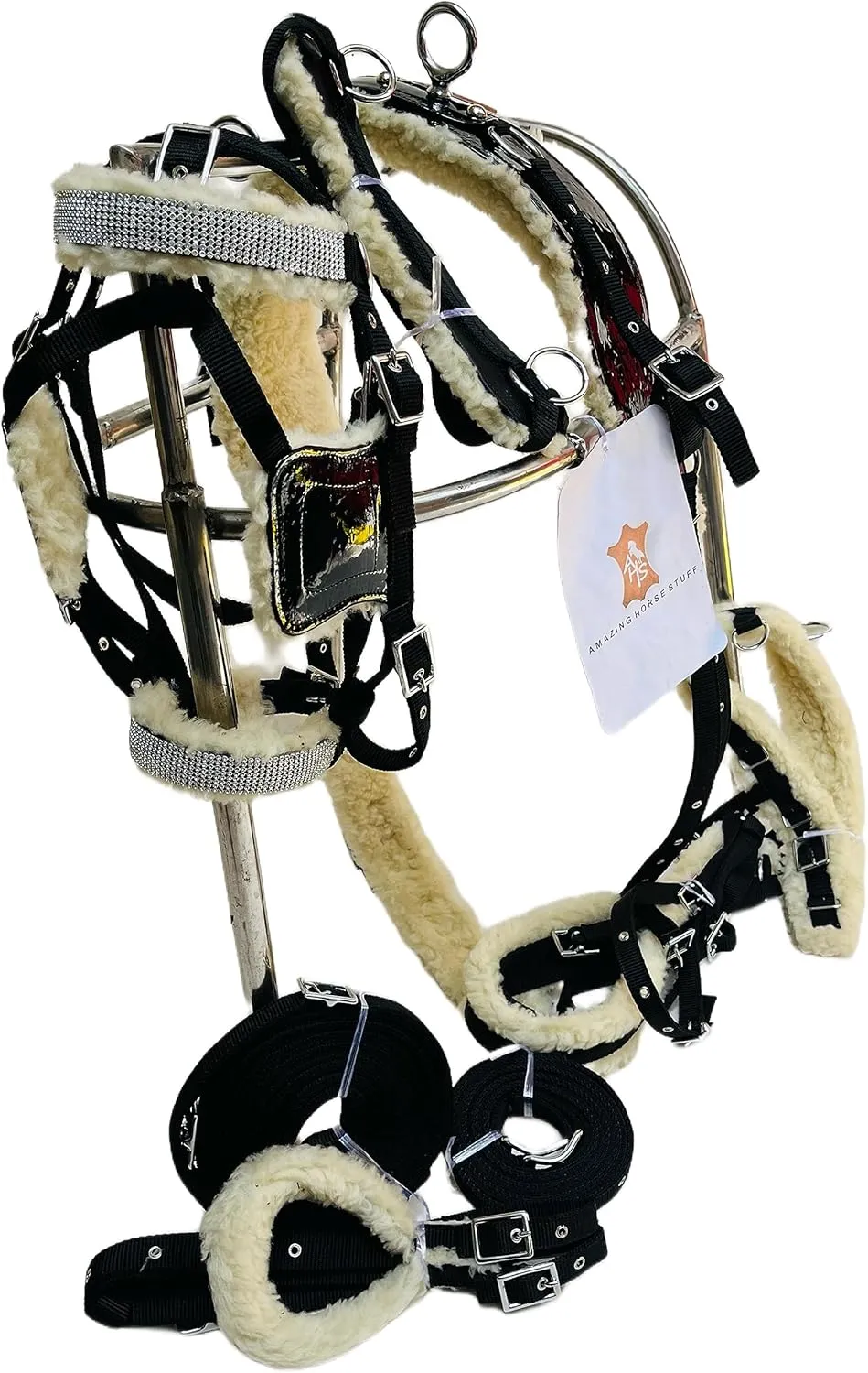 Black Dazzling Rhinestone Accented Stunning Elegance Fur-Padded Patent Nylon Horse Driving Harness Set (Cob)