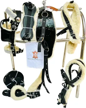 Black Dazzling Rhinestone Accented Stunning Elegance Fur-Padded Patent Nylon Horse Driving Harness Set (Cob)