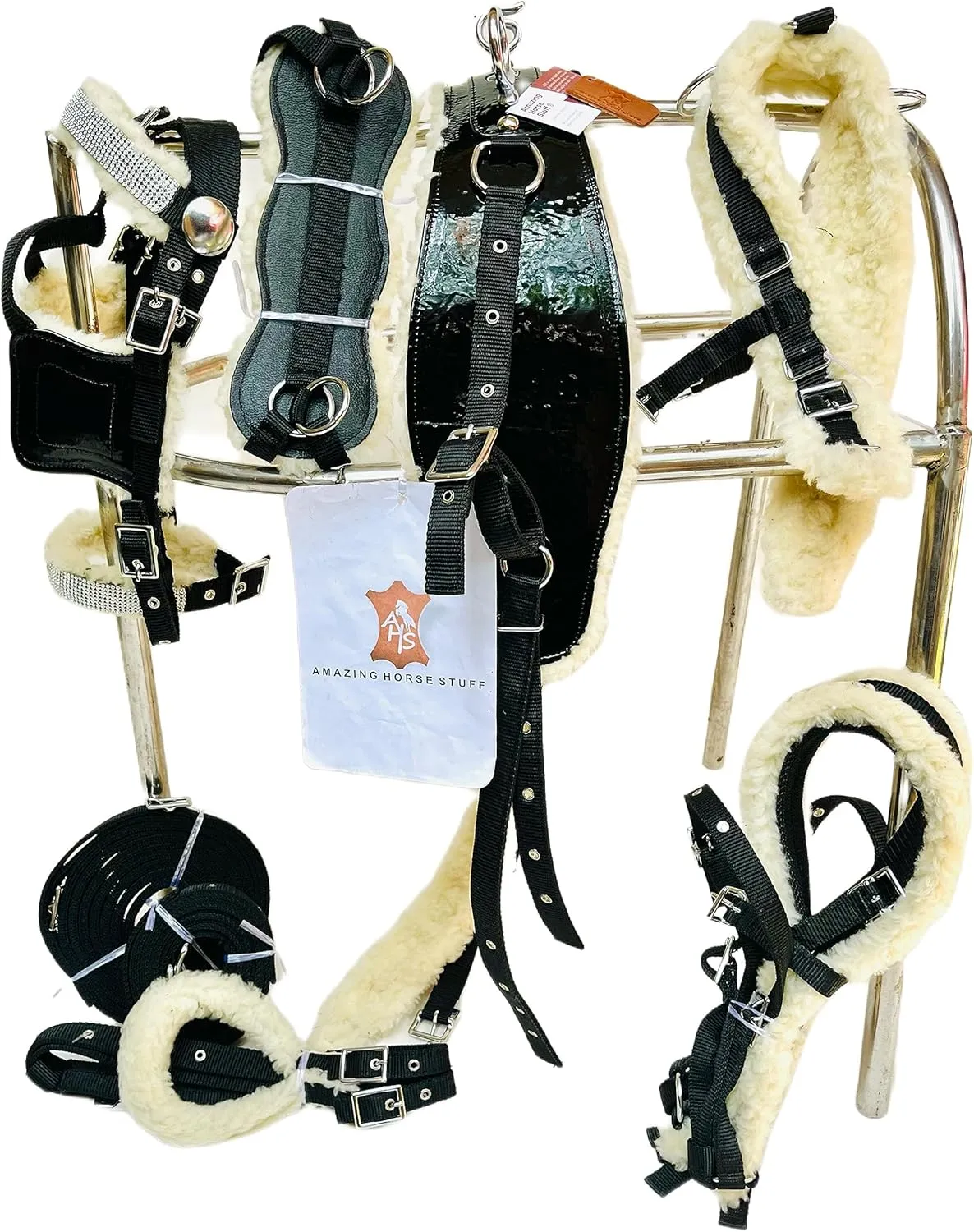 Black Dazzling Rhinestone Accented Stunning Elegance Fur-Padded Patent Nylon Horse Driving Harness Set (Cob)