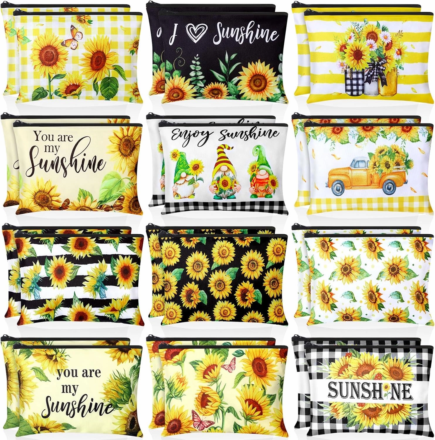 Blosssound 24 Pcs Sunflower Cosmetic Bags Sunshine Flower Makeup Bags Bulk Cute Gnomes Portable Pouches with Zipper Lively Yellow Travel Toiletry Organizer Purse Women's Gift Birthday Party Favors