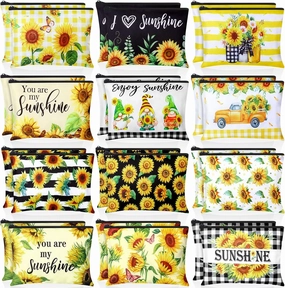 Blosssound 24 Pcs Sunflower Cosmetic Bags Sunshine Flower Makeup Bags Bulk Cute Gnomes Portable Pouches with Zipper Lively Yellow Travel Toiletry Organizer Purse Women's Gift Birthday Party Favors