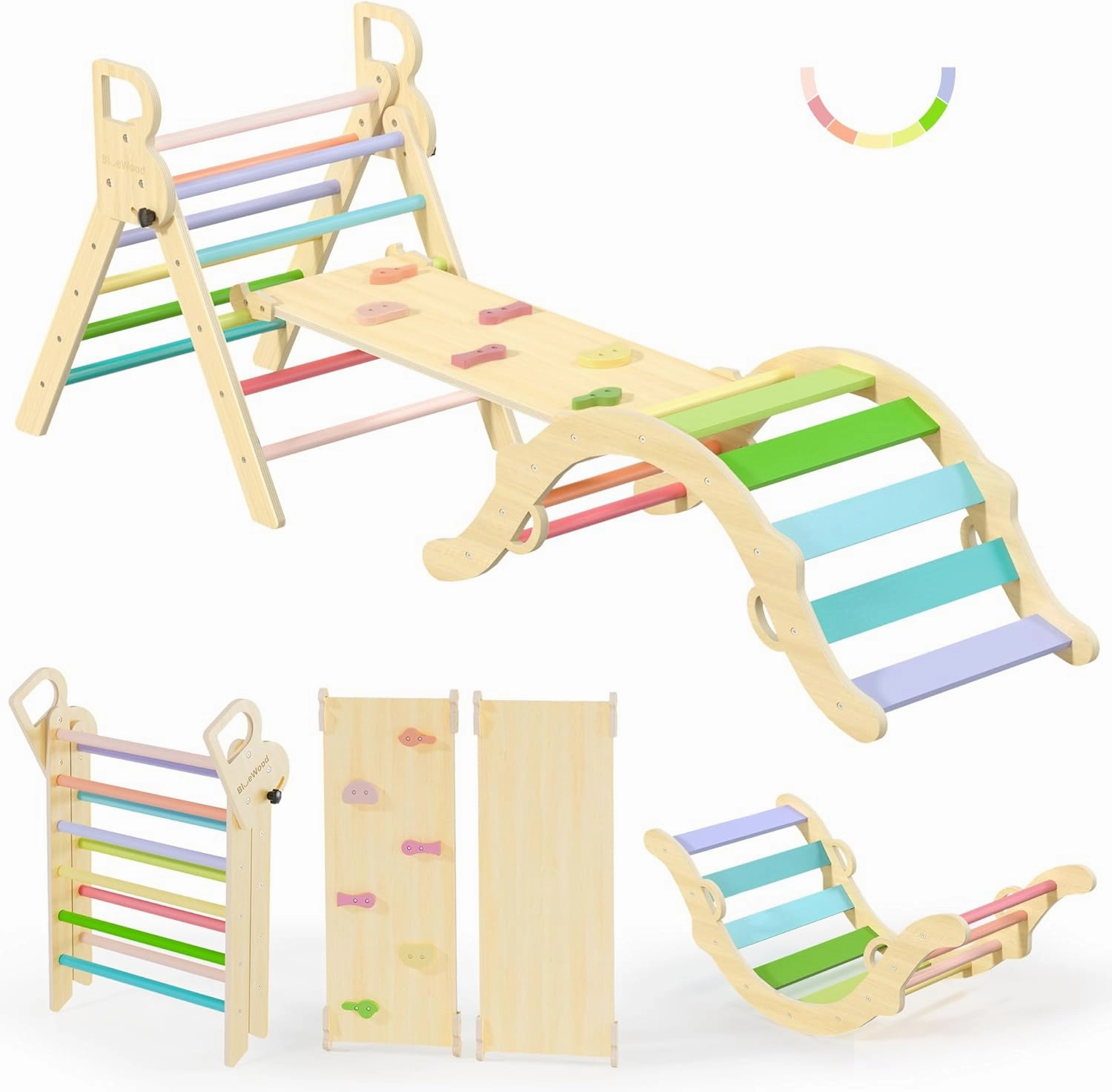 BlueWood Pikler Triangle Set, Toddler Wooden Climbing Toys Indoor 7in1 Foldable Climber for Kids, Montessori Philosophy Play Jungle Gym with Arch, Ramp, Ladder (Colorful Spring)