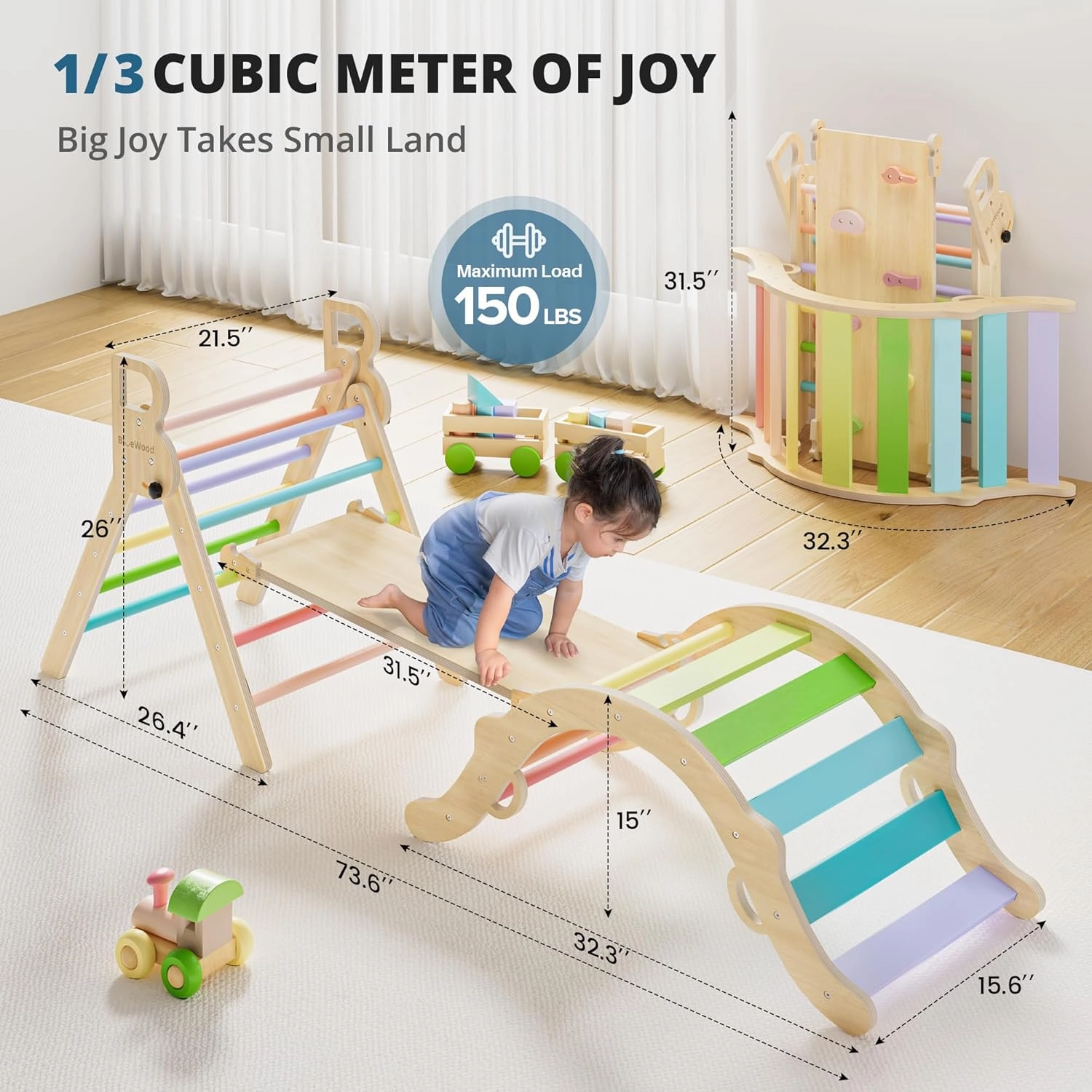 BlueWood Pikler Triangle Set, Toddler Wooden Climbing Toys Indoor 7in1 Foldable Climber for Kids, Montessori Philosophy Play Jungle Gym with Arch, Ramp, Ladder (Colorful Spring)