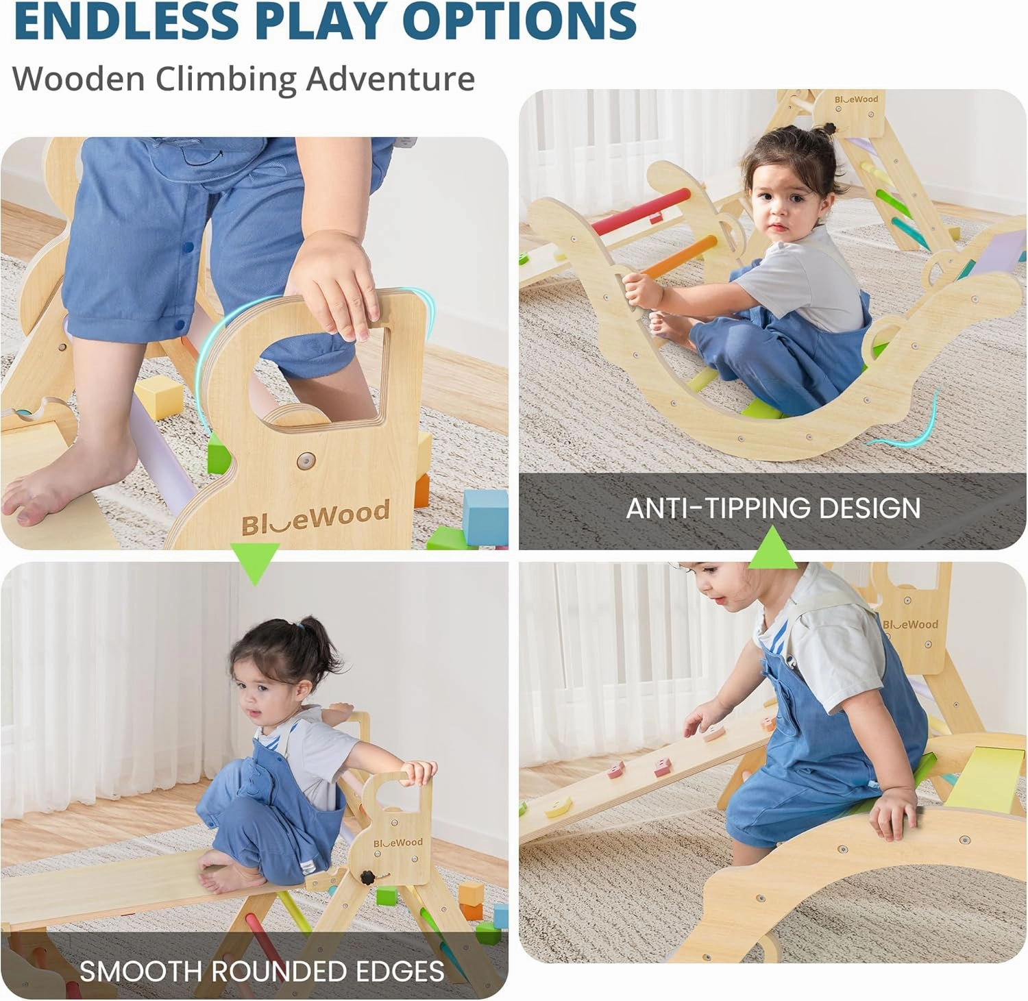 BlueWood Pikler Triangle Set, Toddler Wooden Climbing Toys Indoor 7in1 Foldable Climber for Kids, Montessori Philosophy Play Jungle Gym with Arch, Ramp, Ladder (Colorful Spring)