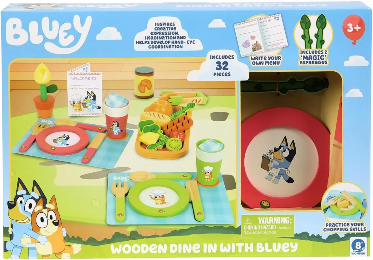 Bluey - Dine in with Bluey Set, 32-Piece Wooden Toy Set with Magic Asparagus, Plates, Utensils & More, Perfect for Role-Play & Imaginative Fun, FSC-Certified, Suitable for 3 Years & Up