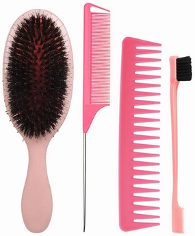 Boar Bristle Detangling Paddle Hair Brush for Women Men, Anti-frizz Styling Hairbrush Comb Set for Curly Fine Straight Natural Hair, Less Pulling and Hair Breakage