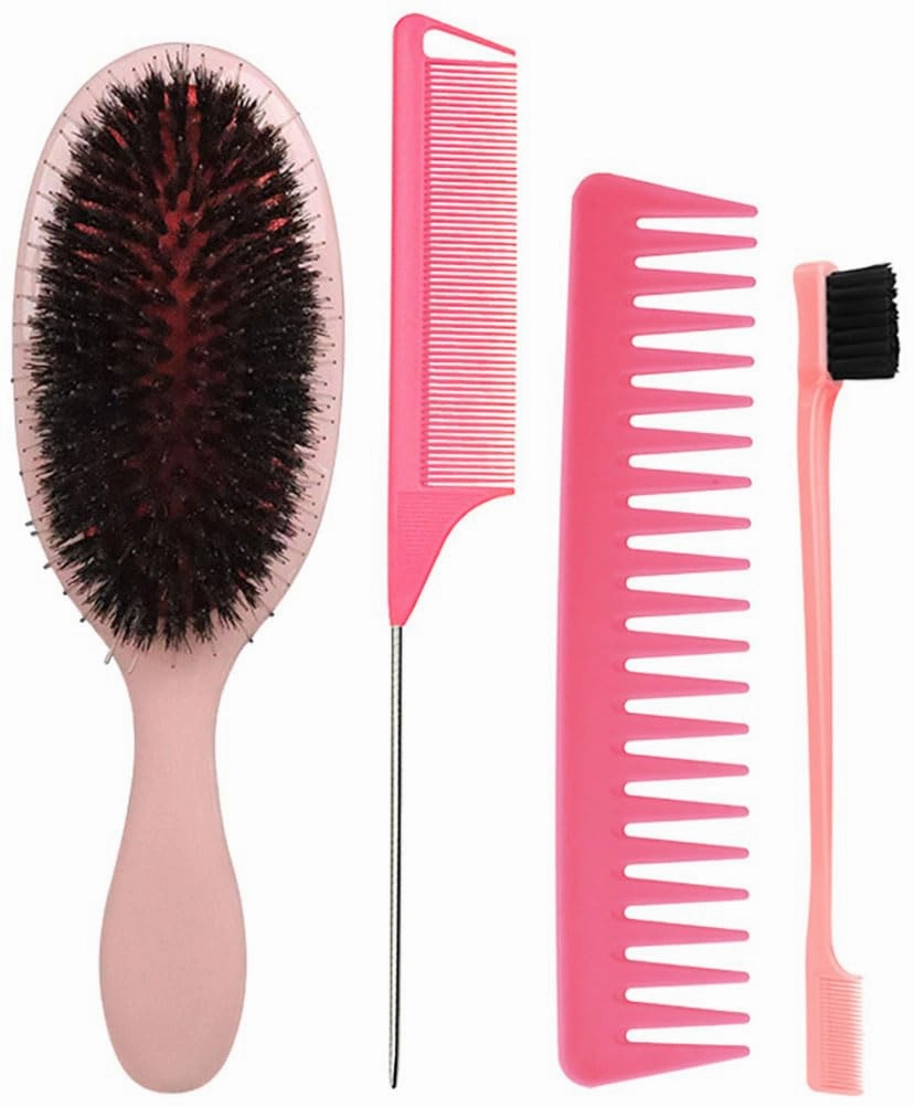 Boar Bristle Detangling Paddle Hair Brush for Women Men, Anti-frizz Styling Hairbrush Comb Set for Curly Fine Straight Natural Hair, Less Pulling and Hair Breakage