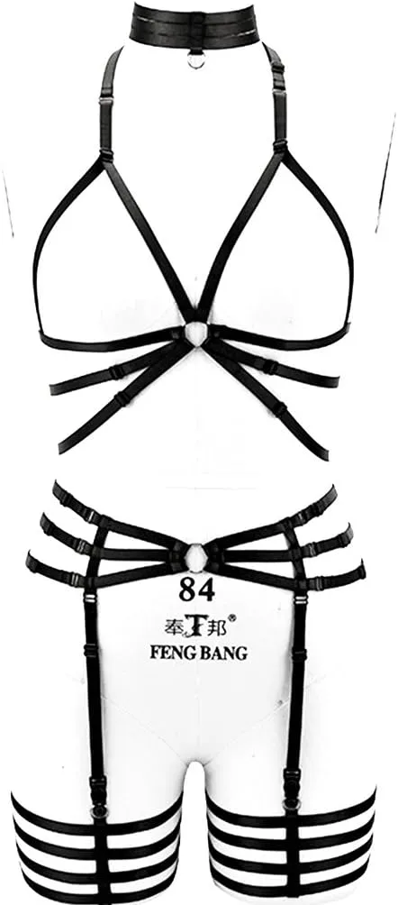 Body Harness Full for Women Garter Belts Set Strappy Adjust Gothic Punk Art Wear Elastic (Black N102)