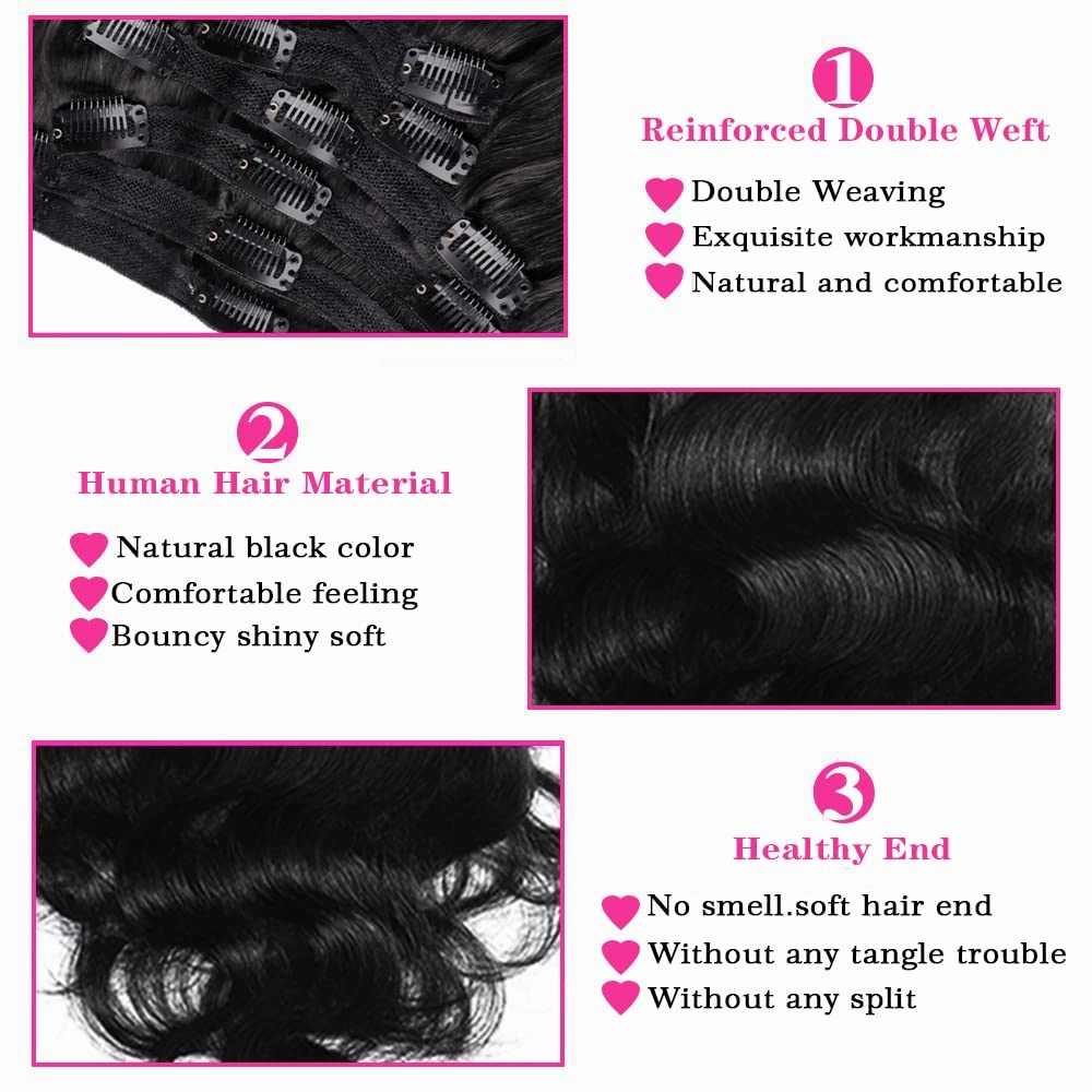 Body Wave Brazilian Clip in Hair Extensions Human Hair 8Pcs Remy Hair Extensions Clip ins for Black Women with 18Clips 120g (20inch, Natural Black)