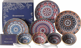 Bohemia Ceramic Plates and Bowls Sets for 4 with Spoons, 12-Pcs Ceramic Dinnerware Set, Bowls and Plates Sets for 4, Colorful Bowls for Pasta Salad Dinner Dessert,Housewarming Gift