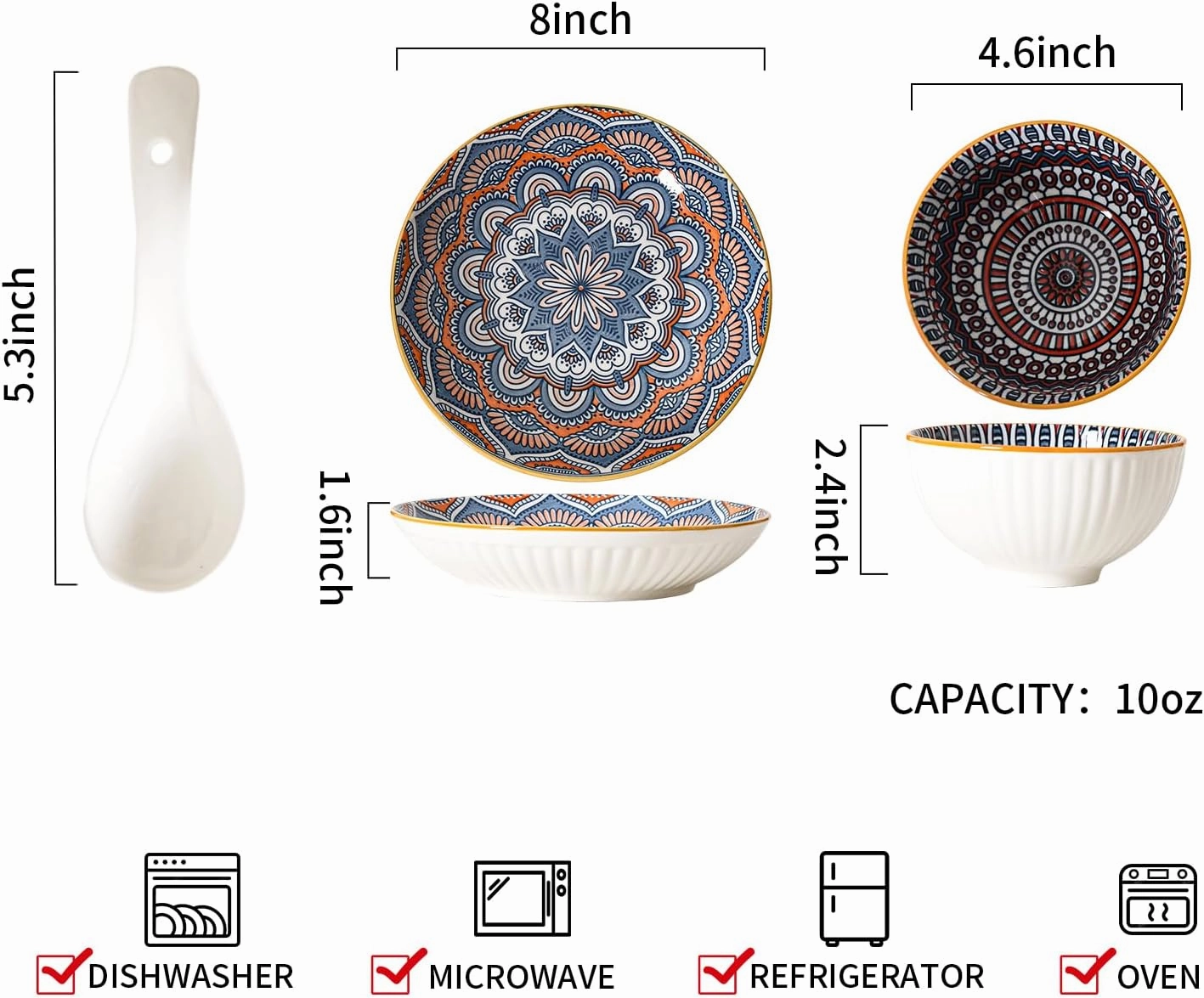 Bohemia Ceramic Plates and Bowls Sets for 4 with Spoons, 12-Pcs Ceramic Dinnerware Set, Bowls and Plates Sets for 4, Colorful Bowls for Pasta Salad Dinner Dessert,Housewarming Gift