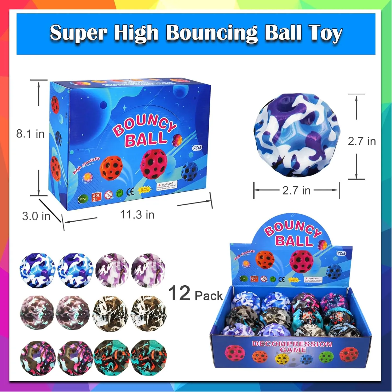 Bouncy Ball, Colorful Big Super Bouncy Astro Balls, Extreme High Bouncing Balls for Kids,Fun Kids Lightweight Foam Jump Balls for Outside, Improve Hand Eye Coordination Ability (12 Pack)