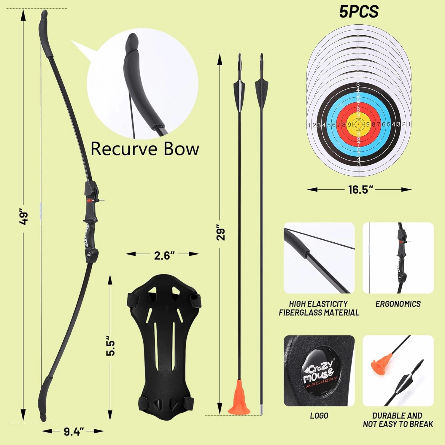 Bow and Arrow for Teens Beginners Adults Longbow Kit 8 Arrows 5 Target Face Archery Recurve Bow Set Backyard Games Gift for Outdoor Sports