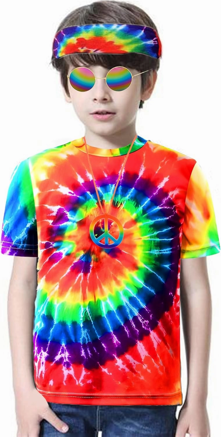 Boys 4 Pcs Hippie Costume Accessories Set 60s 70s Colorful Kids Fun Tie Dye T-Shirt for Theme Party