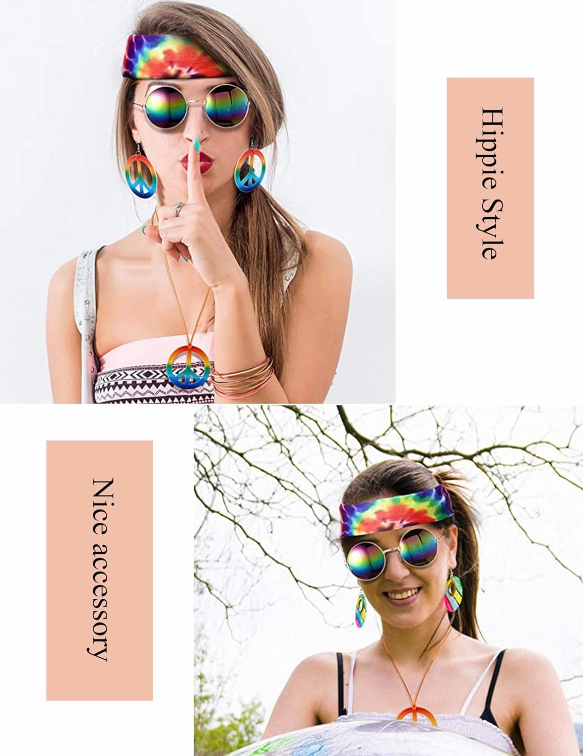 Boys 4 Pcs Hippie Costume Accessories Set 60s 70s Colorful Kids Fun Tie Dye T-Shirt for Theme Party