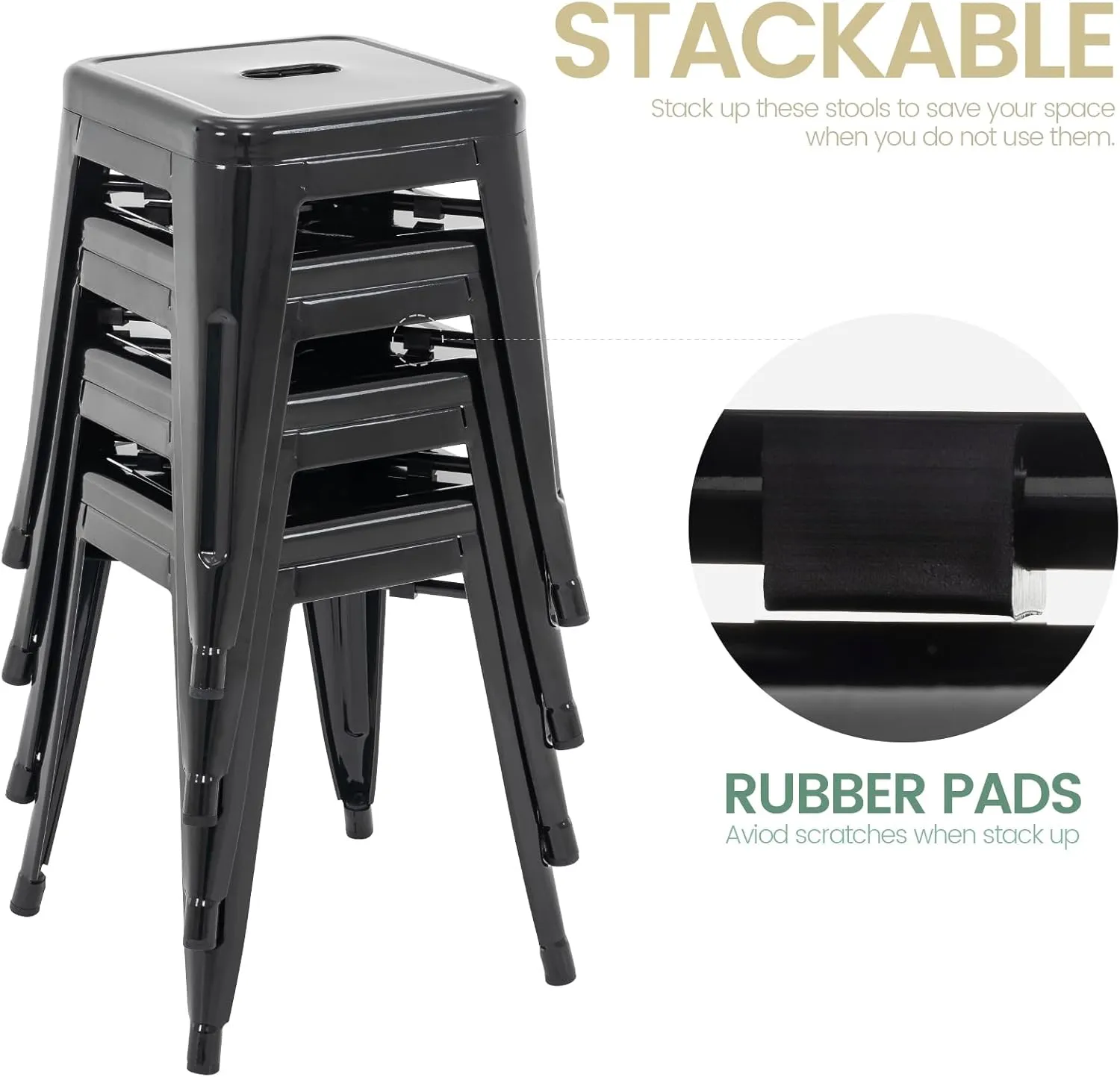 Brage Living 18 Inch Industrial Metal Stools Set of 4, Stackable Classroom & Dining Chairs for Indoor Outdoor, Kitchen Short Stools (Black)