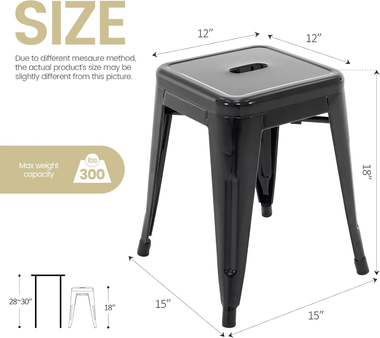 Brage Living 18 Inch Industrial Metal Stools Set of 4, Stackable Classroom & Dining Chairs for Indoor Outdoor, Kitchen Short Stools (Black)