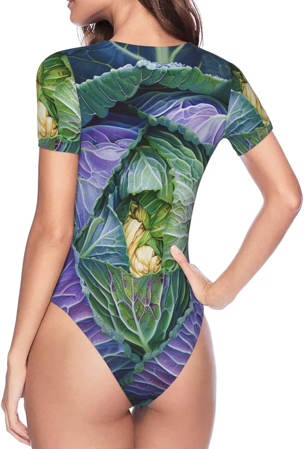 Bright Cabbage Print Women's Short-Sleeve Round Neck Bodysuit - Stretchy Seamless Onesie T Shirts,